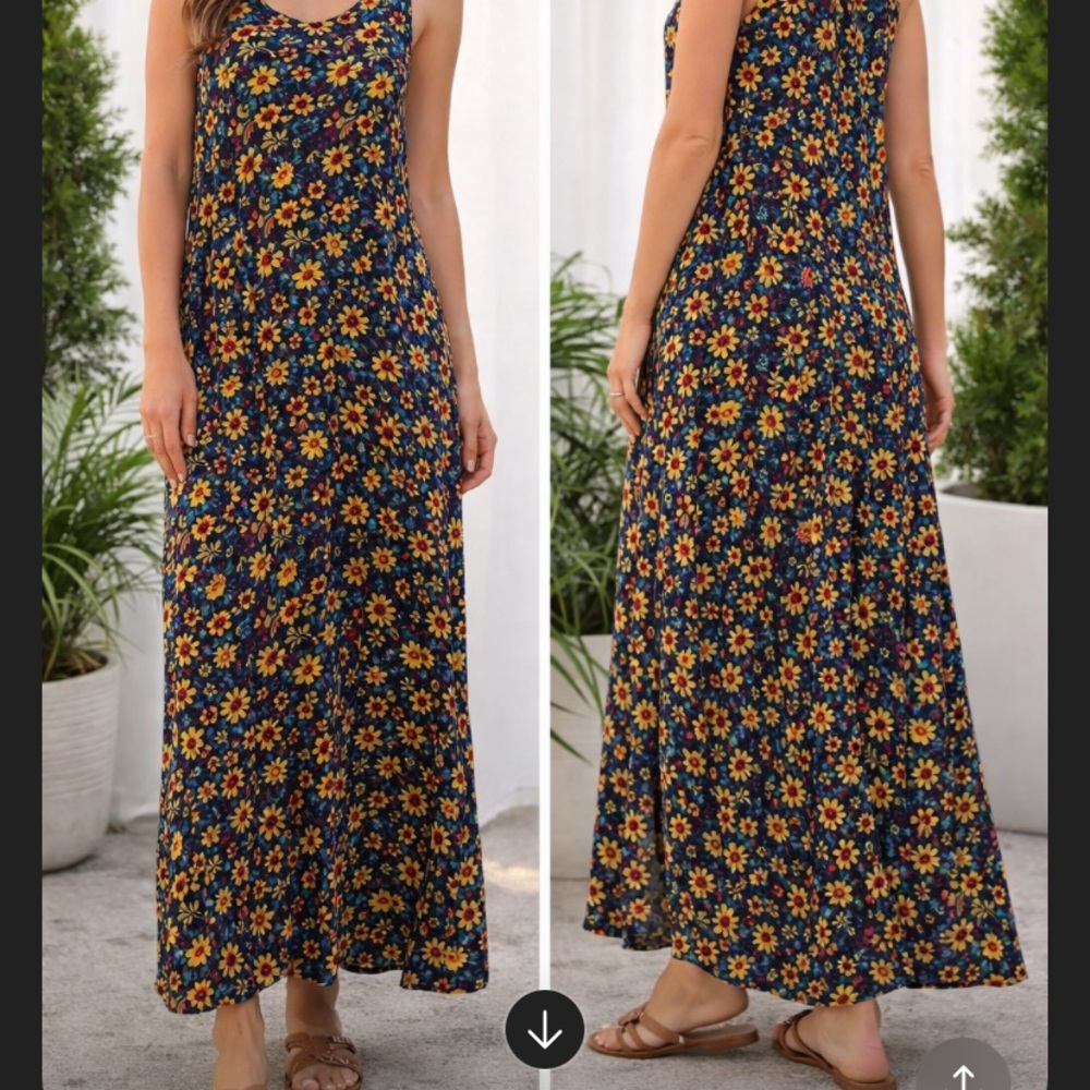 NATURAL LIFE Navy Maxi Dress with Yellow Floral Print 100 percent cotton.